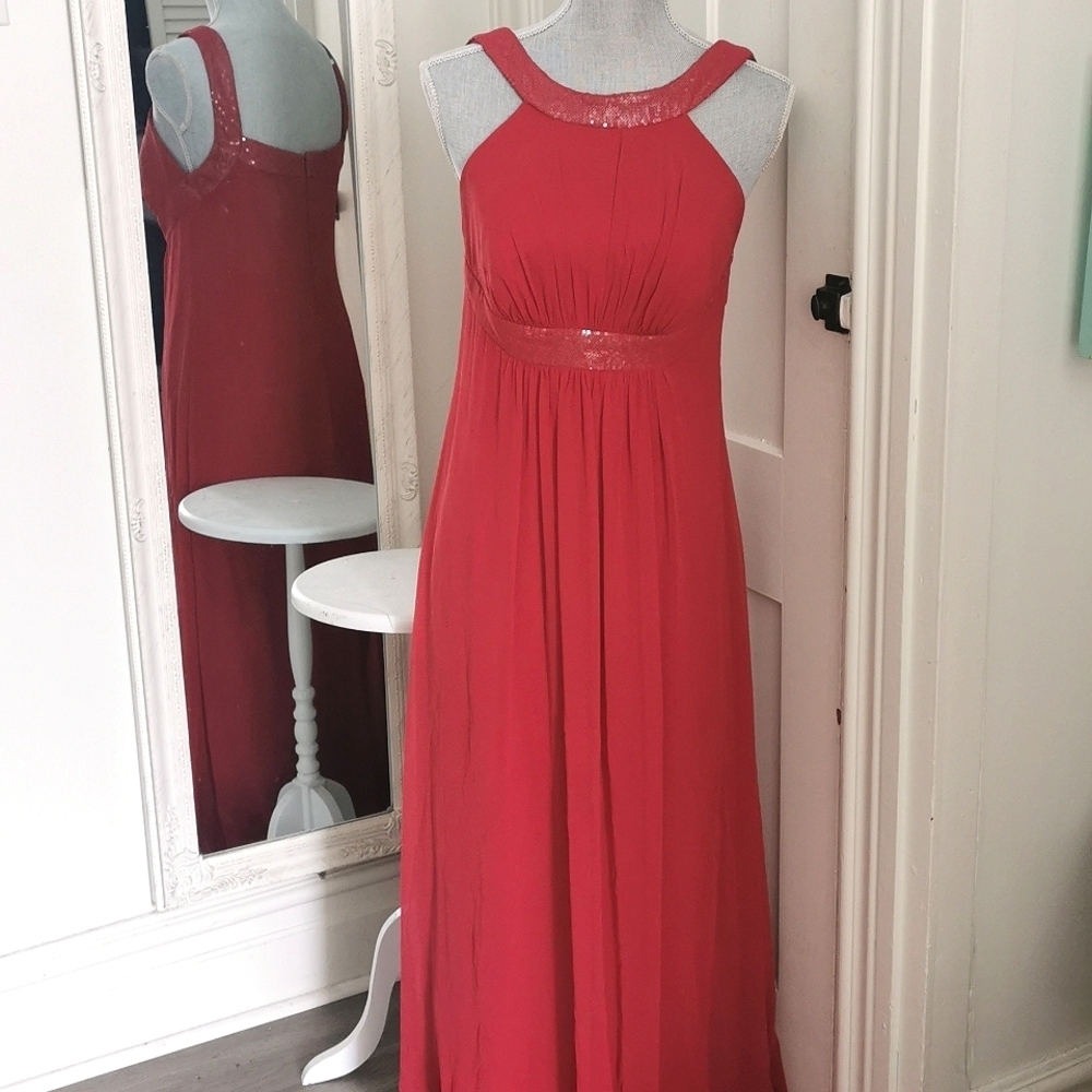 Dessy collection bridesmaid formal dress. Red halter style beaded. Size 6. EUC
